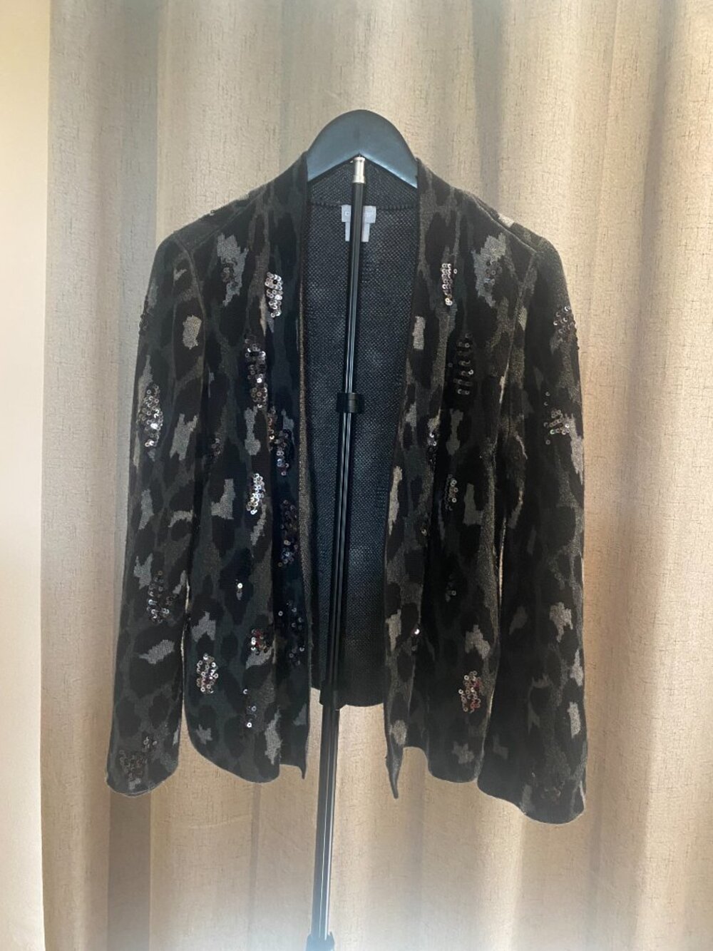 Chico's abstract leopard print sequin cardigan sweater jacket grey black 1 US 8